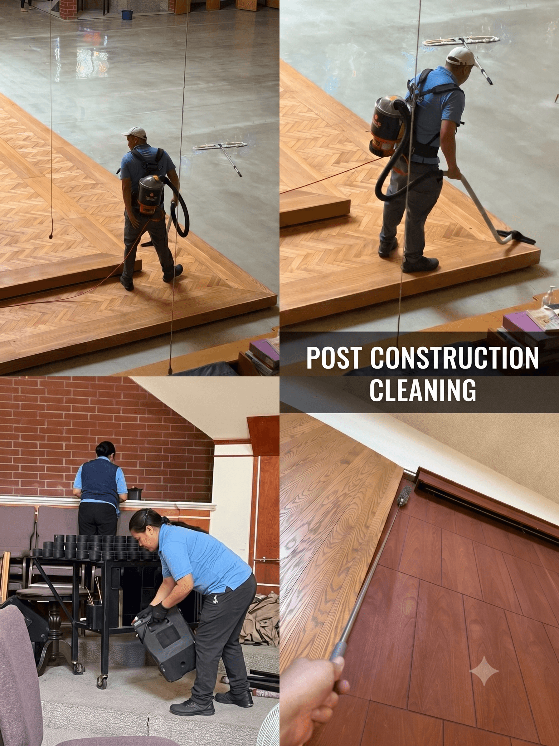 FriendlyProClean crew vacuuming, cleaning furniture, and finishing floors for a post-construction handoff