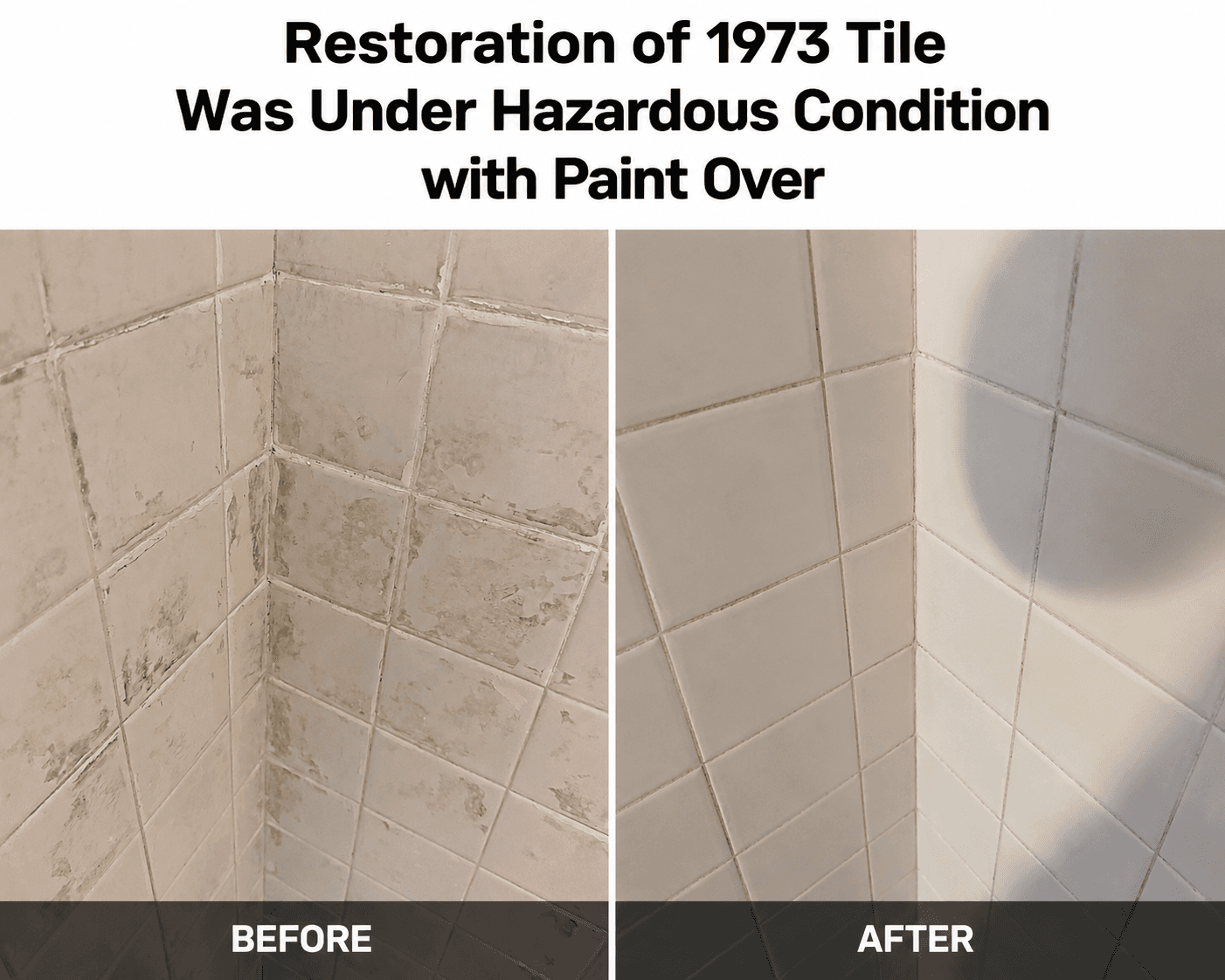Before and after restoration-focused cleaning of older tile with accumulated buildup and paint